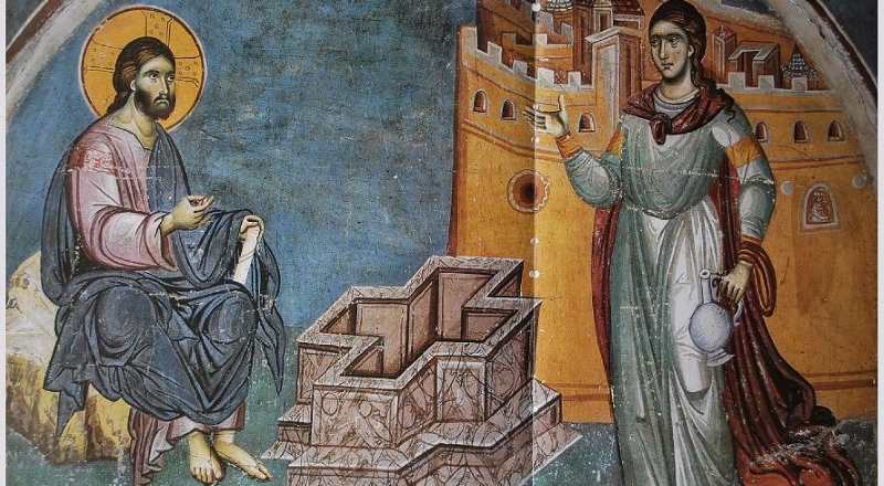 Беседа Христа с самарянкой. Фреска собора Протата в Карее. Афон XIII в.